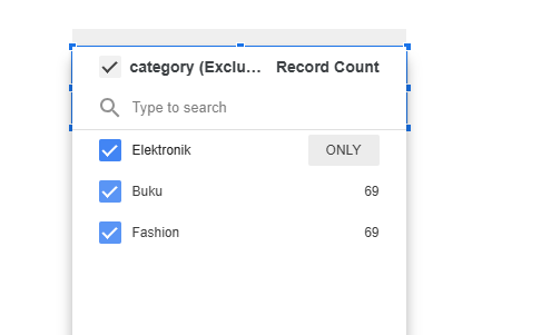 Proses menambahkan Filter Control drop-down list untuk kategori produk di Looker Studio