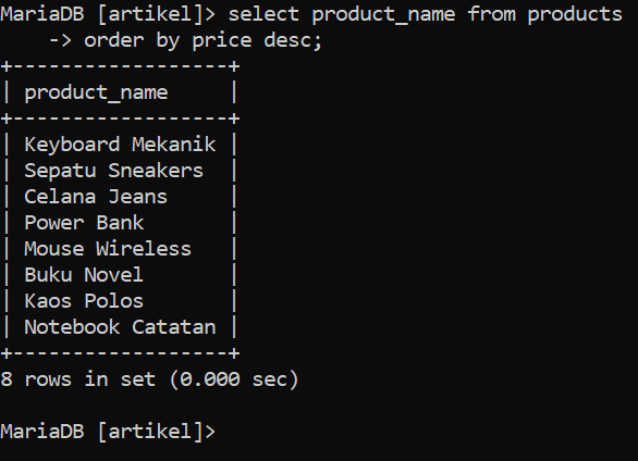 Hasil query ORDER BY harga DESC