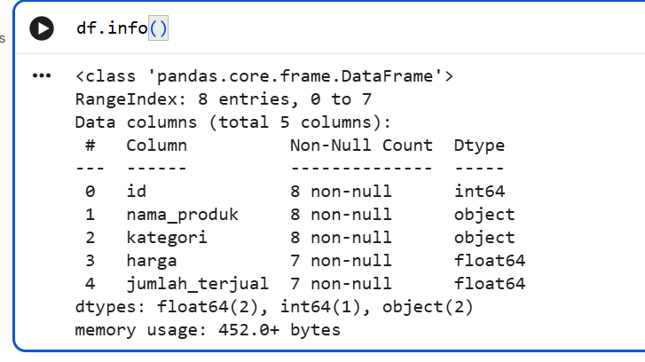 Hasil output df.info() di Google Colab