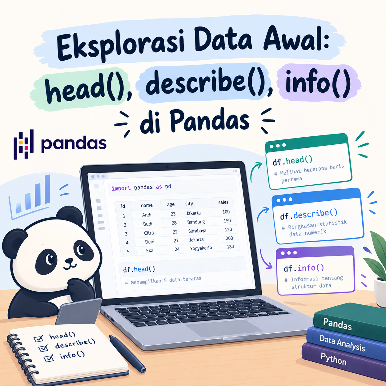 Eksplorasi Data Awal: head(),describe(),info() di pandas