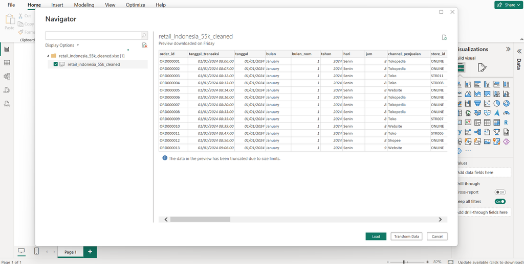 jendela preview data CSV saat memilih pemisah kolom/delimiter dan tombol Load di bagian bawah