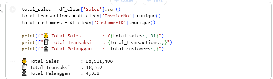 Output perhitungan vanity metric Total Sales, Total Transaksi, dan Total Pelanggan